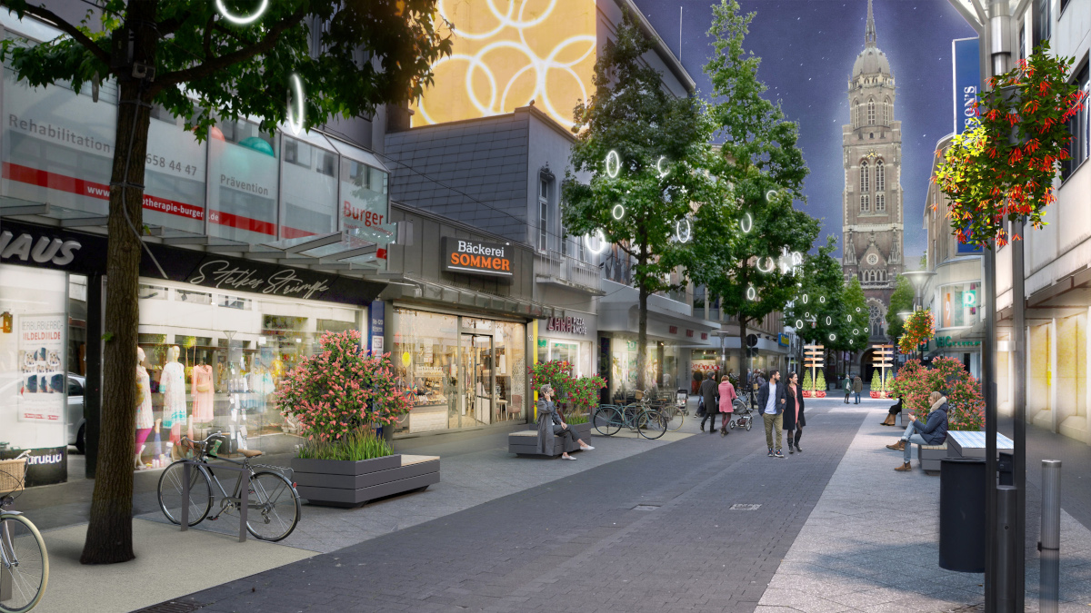 Leuchtinstallationen in Baulücken und mobiles Grün - das könnte die Rheinstraße werden. Animation: Stadt Krefeld, Stadtmarketing